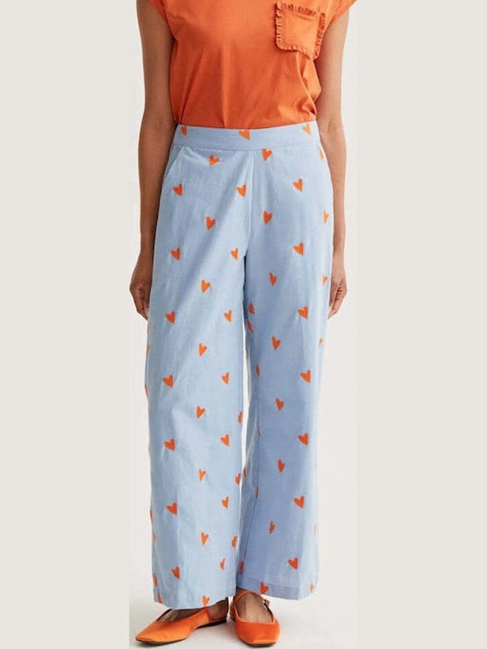 NEW Compania Fantastica Women Light Blue Orange Hearts Wide Leg Trousers Pants S